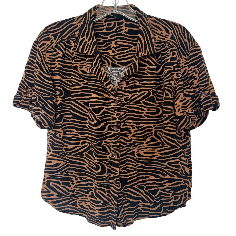 Jane + Delancey Black & Tan Zebra Animal Print Button Down Top Size Small